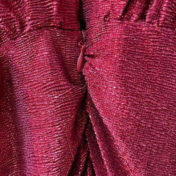Eva Mendes Red Metallic Ruched Crossover V-Neck Midi Dress Size XL - Picture 10 of 16